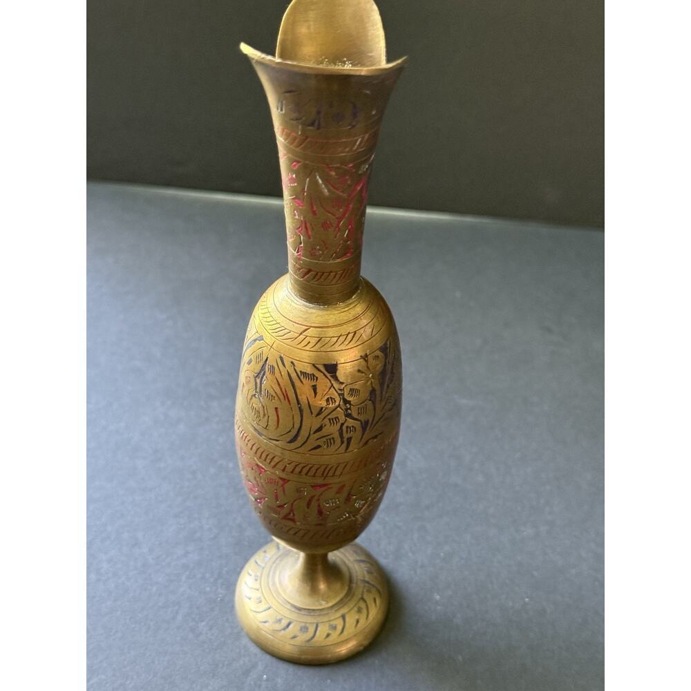 Vintage Etched Brass Pitcher Vase Vessel Engraved Handle Floral Boho Handcrafted - Picture 3 of 7